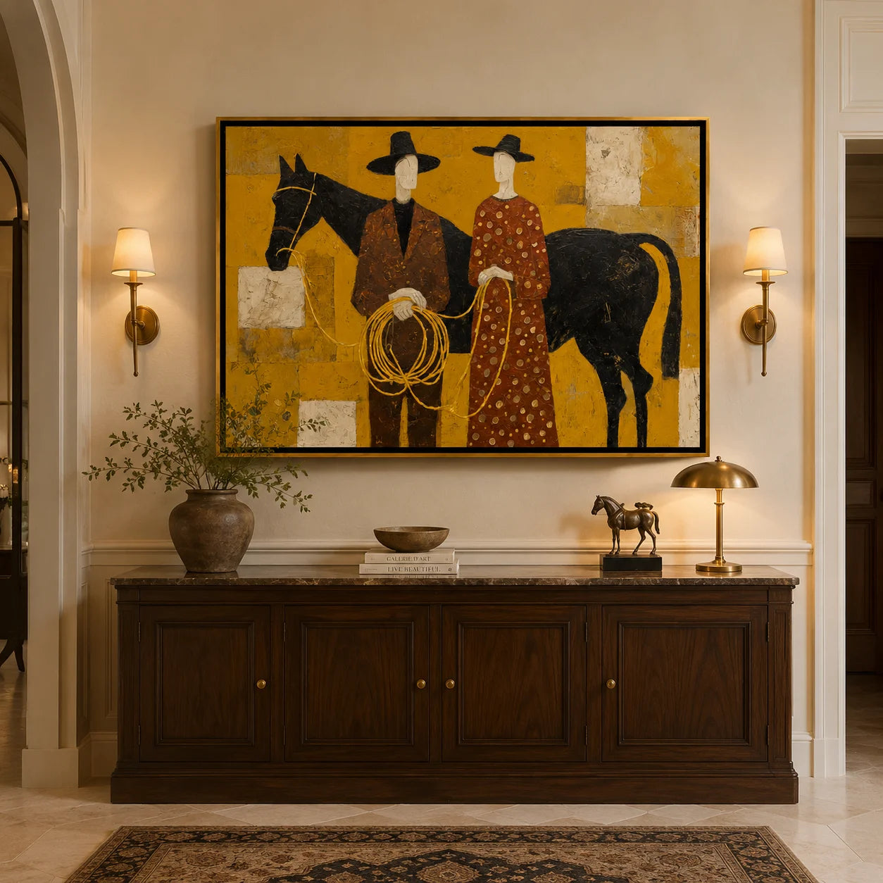 Western Couple with Black Horse Hand-Painted Oil Painting, Mustard Yellow Figurative Canvas Wall Art for Luxury Home Decor#OA 0950