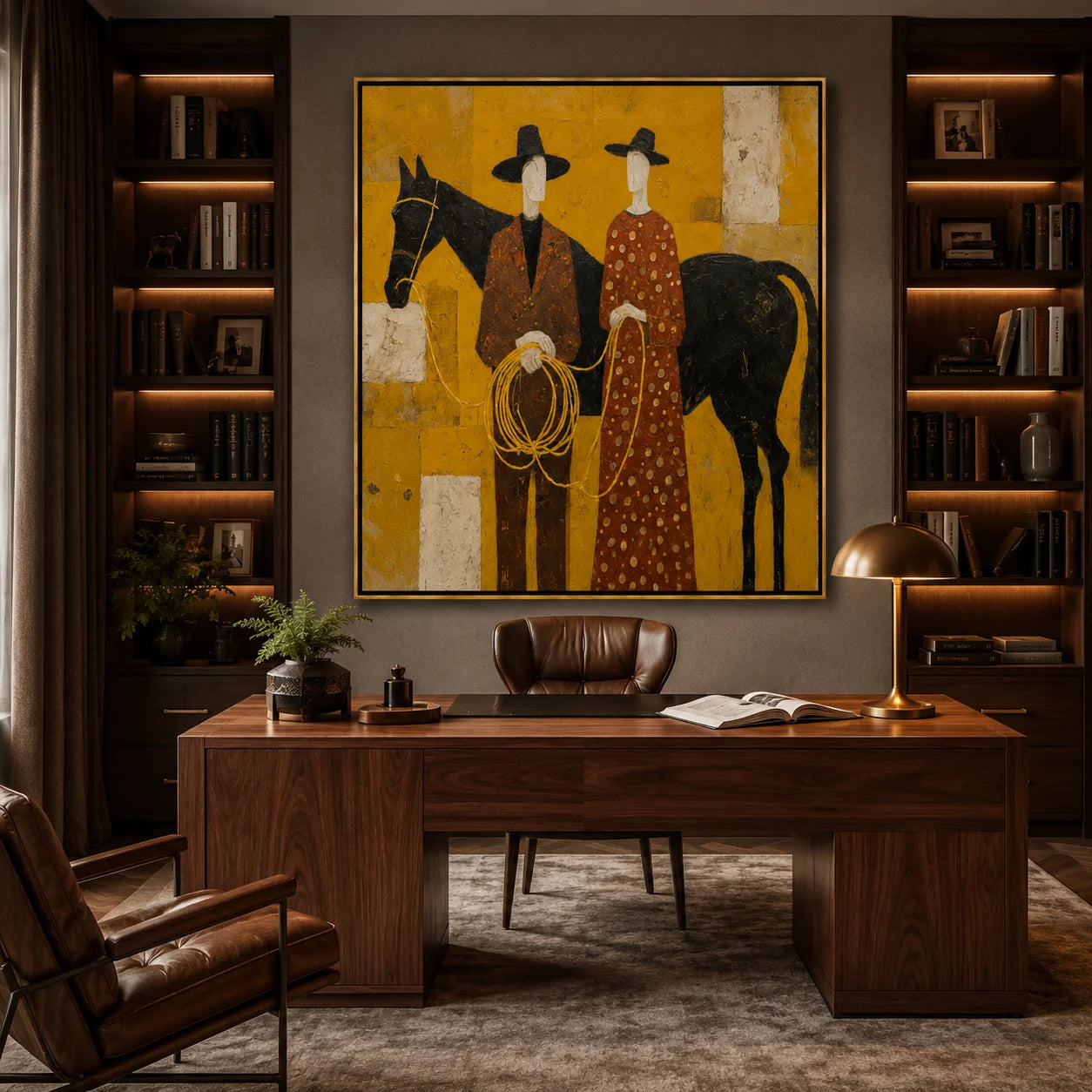 Western Couple with Black Horse Hand-Painted Oil Painting, Mustard Yellow Figurative Canvas Wall Art for Luxury Home Decor#OA 0950