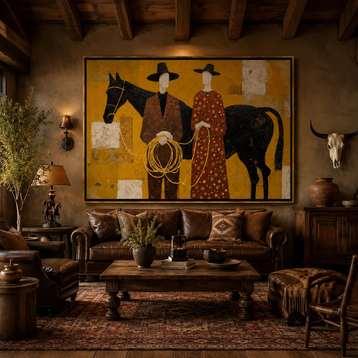 Western Couple with Black Horse Hand-Painted Oil Painting, Mustard Yellow Figurative Canvas Wall Art for Luxury Home Decor#OA 0950