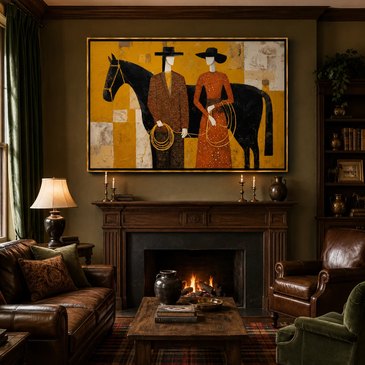 Western Couple with Black Horse Hand-Painted Oil Painting, Mustard Yellow Figurative Canvas Wall Art for Modern Luxury Decor