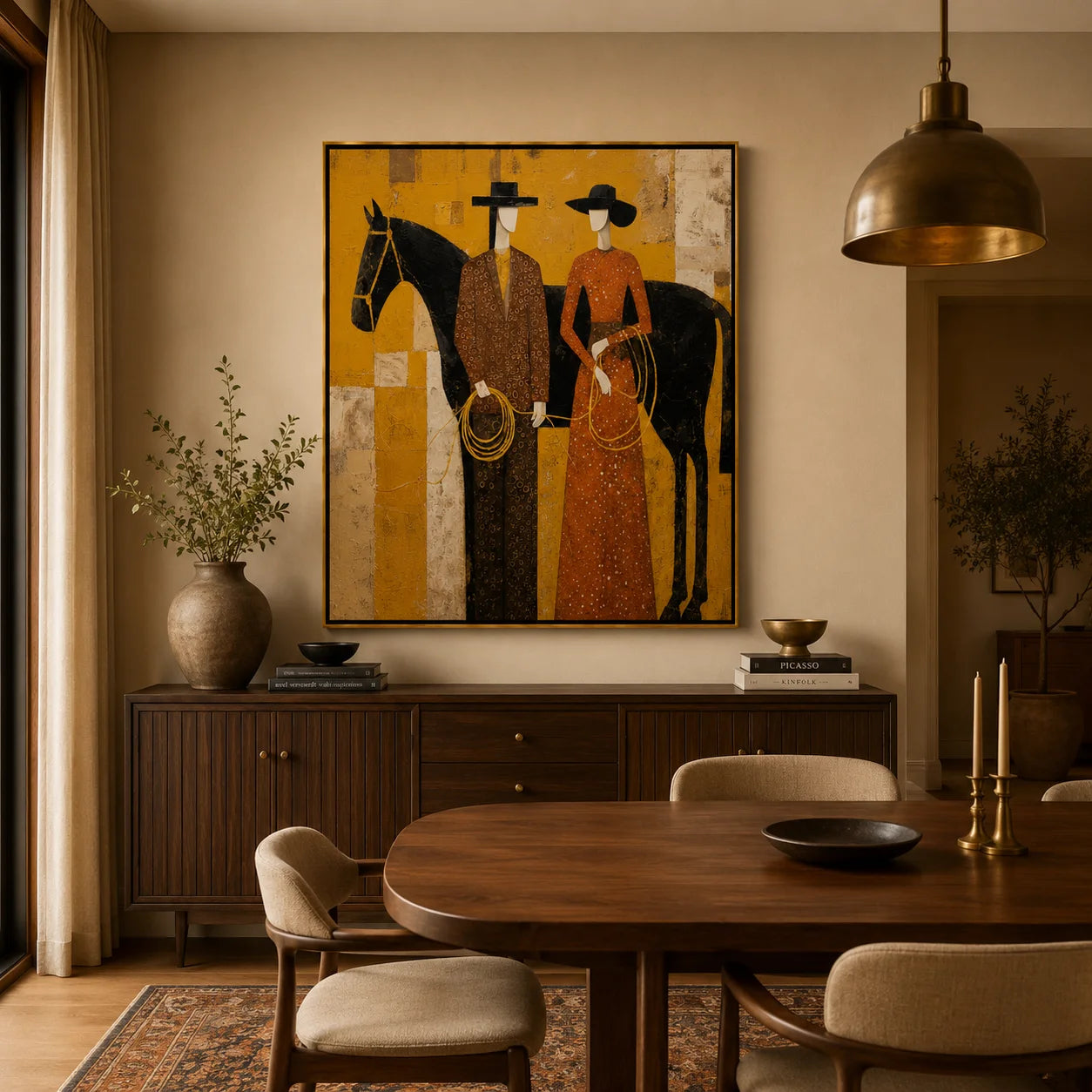 Western Couple with Black Horse Hand-Painted Oil Painting, Mustard Yellow Figurative Canvas Wall Art for Modern Luxury Decor#OA 0951