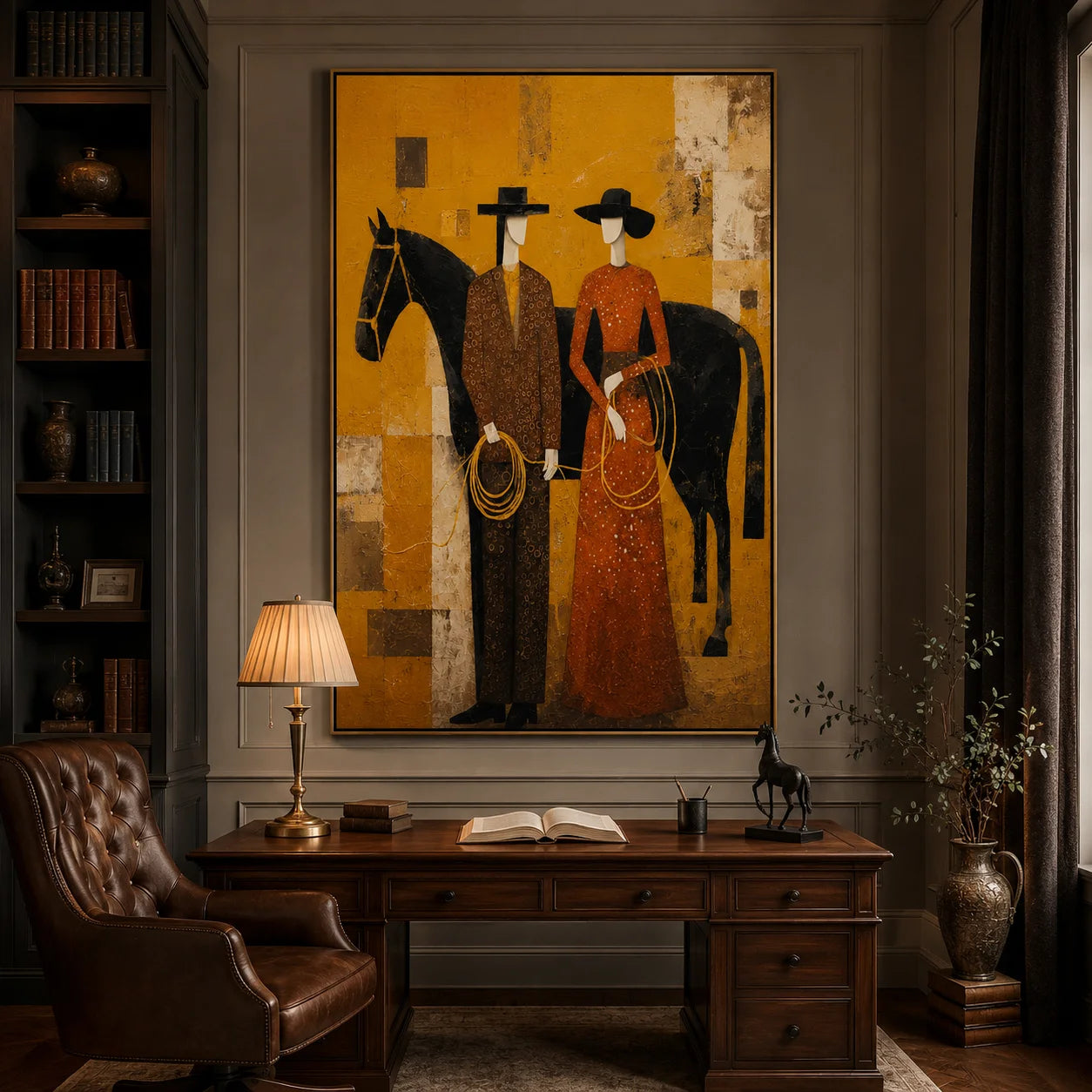 Western Couple with Black Horse Hand-Painted Oil Painting, Mustard Yellow Figurative Canvas Wall Art for Modern Luxury Decor#OA 0951