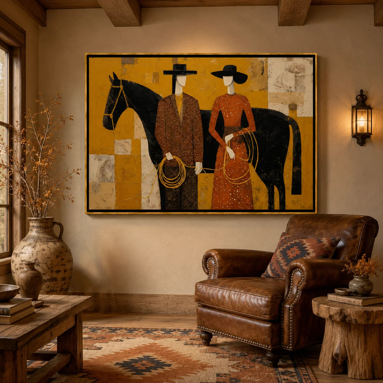 Western Couple with Black Horse Hand-Painted Oil Painting, Mustard Yellow Figurative Canvas Wall Art for Modern Luxury Decor