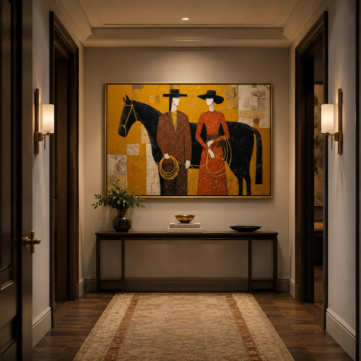 Western Couple with Black Horse Hand-Painted Oil Painting, Mustard Yellow Figurative Canvas Wall Art for Modern Luxury Decor#OA 0951