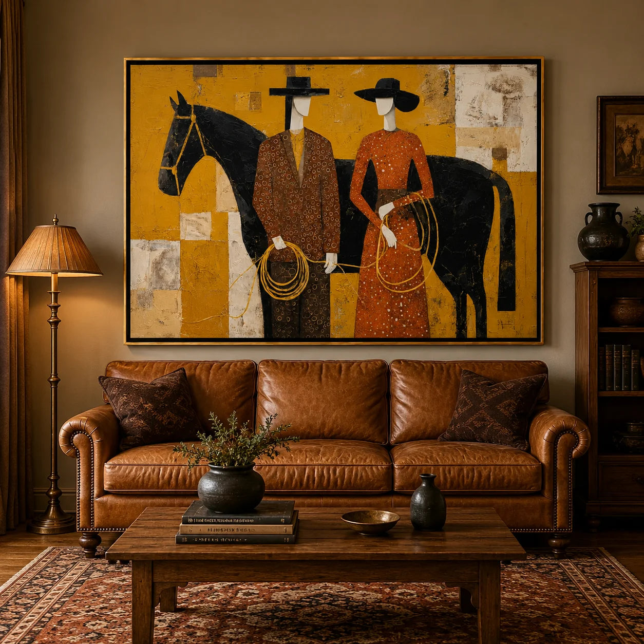 Western Couple with Black Horse Hand-Painted Oil Painting, Mustard Yellow Figurative Canvas Wall Art for Modern Luxury Decor