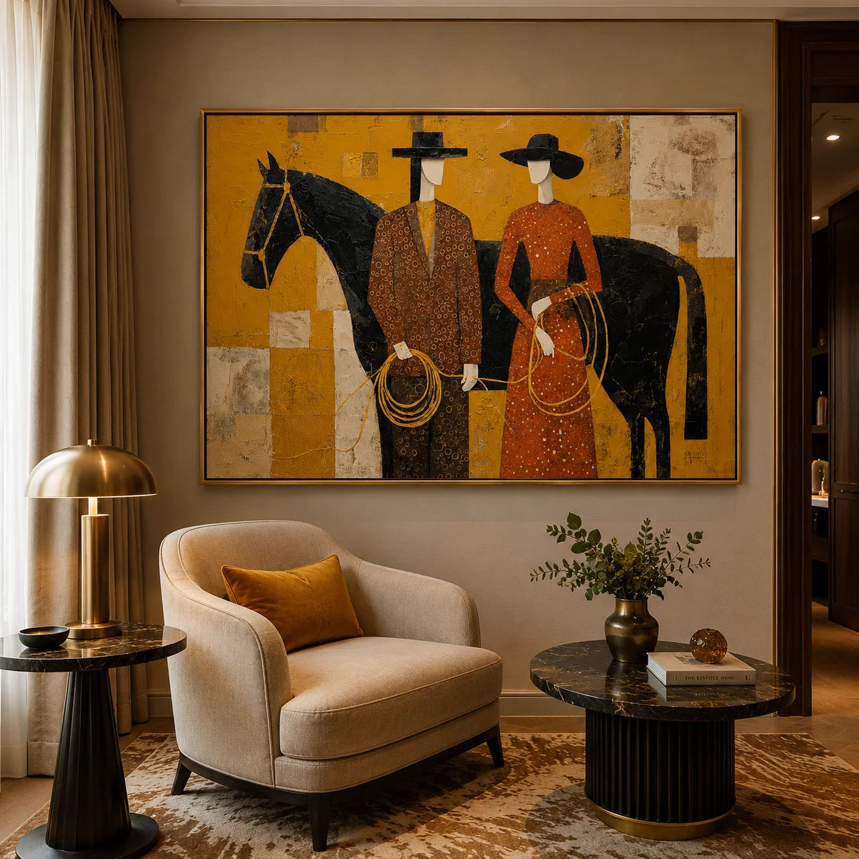 Western Couple with Black Horse Hand-Painted Oil Painting, Mustard Yellow Figurative Canvas Wall Art for Modern Luxury Decor