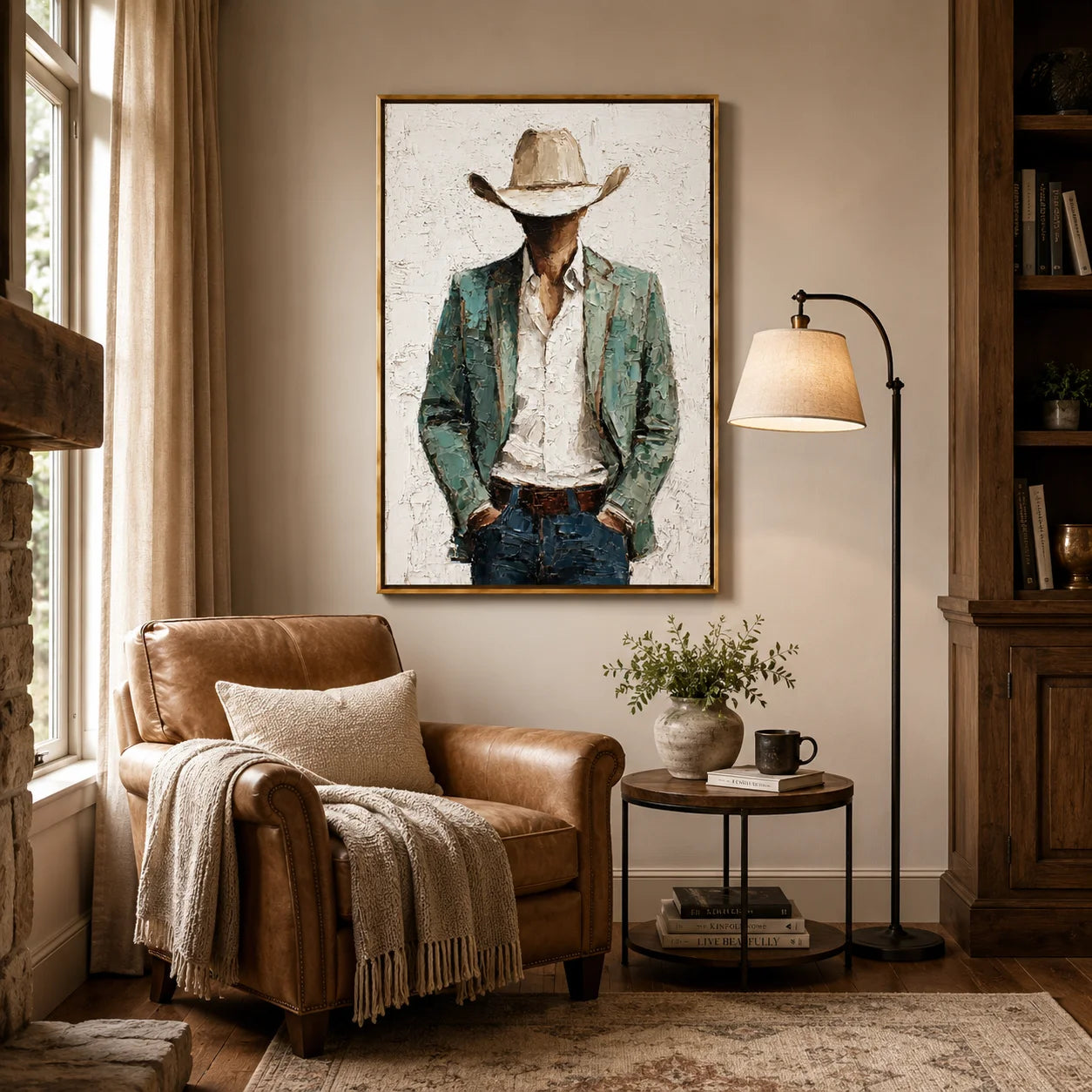 Western Cowboy Portrait Hand-Painted Oil Painting, Textured Cowboy Wall Art for Living Room Decor#OA 0957