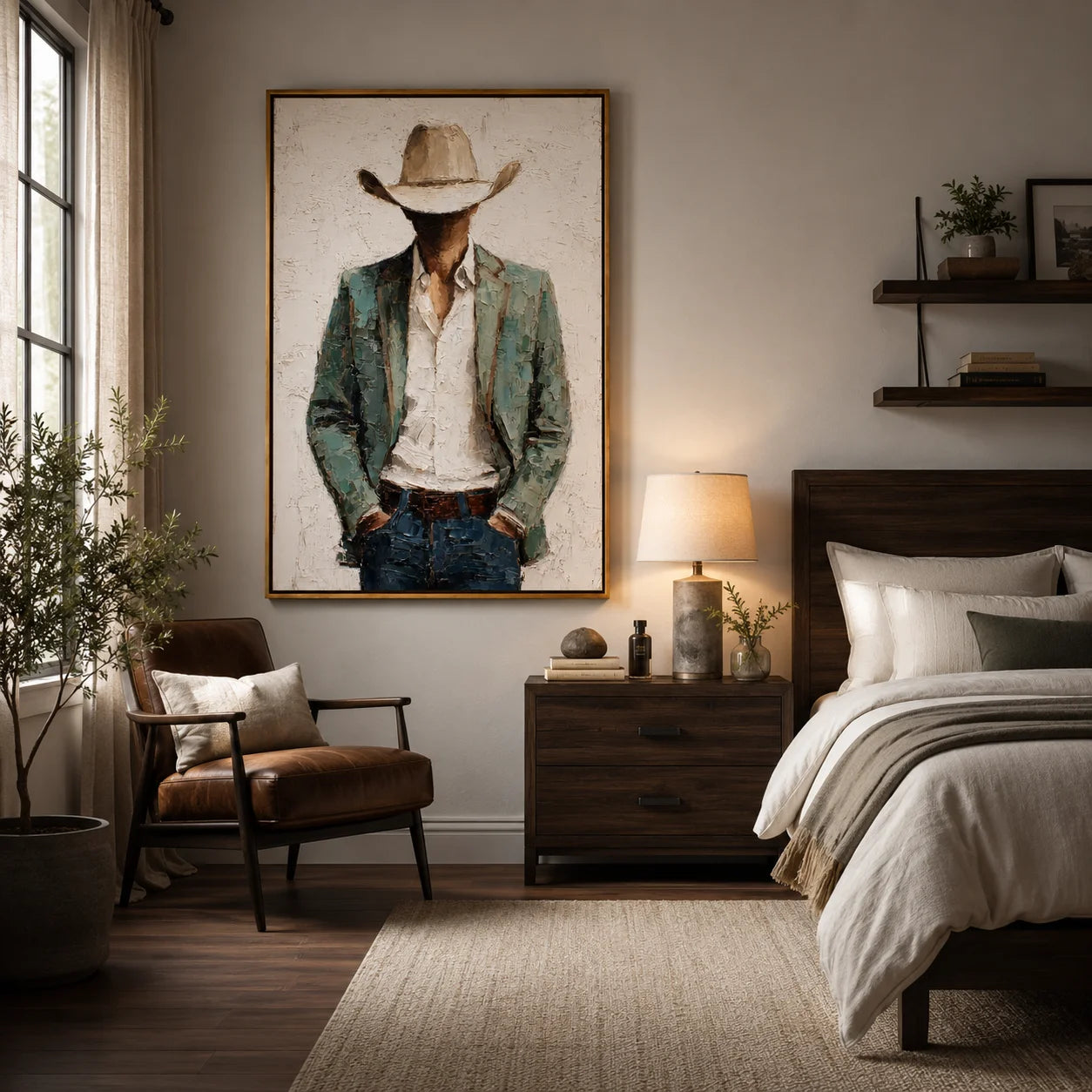Western Cowboy Portrait Hand-Painted Oil Painting, Textured Cowboy Wall Art for Living Room Decor#OA 0957