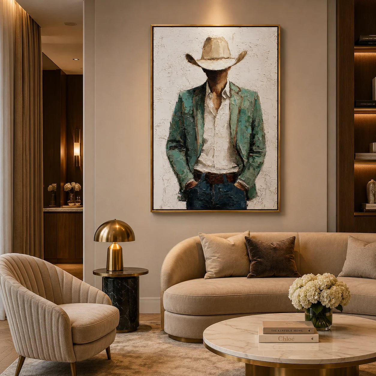 Western Cowboy Portrait Hand-Painted Oil Painting, Textured Cowboy Wall Art for Living Room Decor#OA 0957