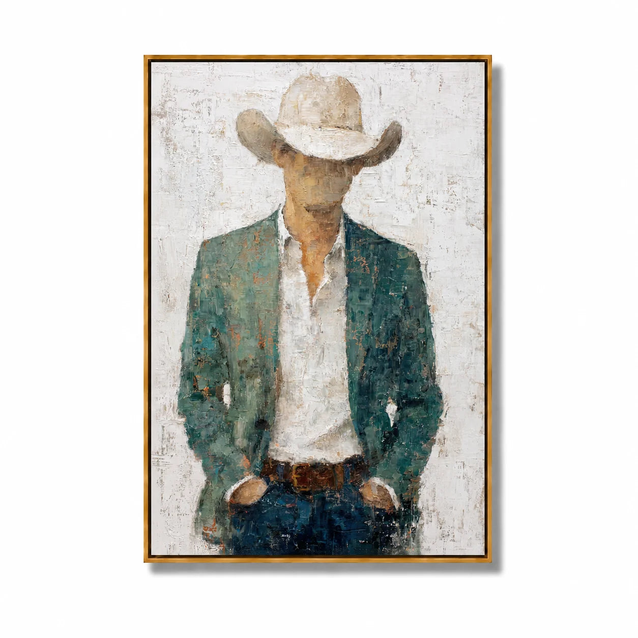 Western Cowboy Portrait Hand-Painted Oil Painting, Textured Cowboy Wall Art for Rustic Modern Home Decor#OA 0958