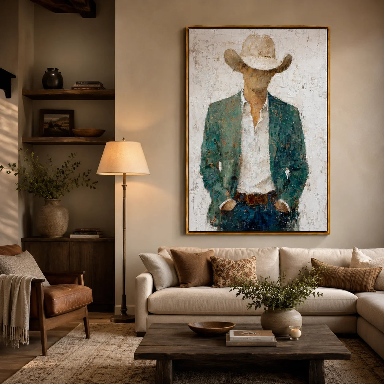 Western Cowboy Portrait Hand-Painted Oil Painting, Textured Cowboy Wall Art for Rustic Modern Home Decor#OA 0958
