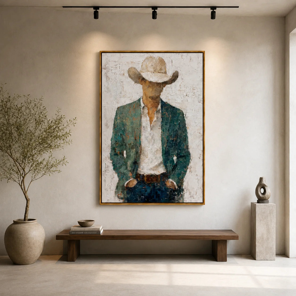 Western Cowboy Portrait Hand-Painted Oil Painting, Textured Cowboy Wall Art for Rustic Modern Home Decor#OA 0958