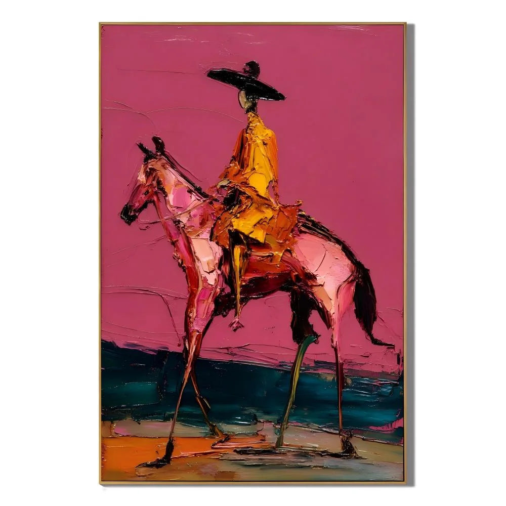Western Cowboy on Horse Hand-Painted Oil Painting | Magenta Textured Equestrian Wall Art for Modern Home Decor # OA 1116