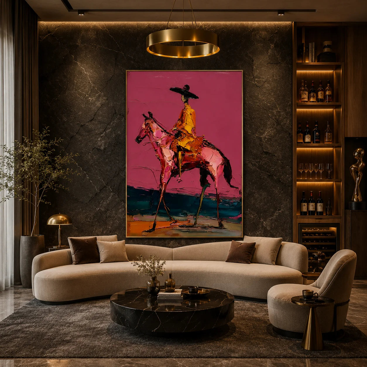 Western Cowboy on Horse Hand-Painted Oil Painting | Magenta Textured Equestrian Wall Art for Modern Home Decor # OA 1116