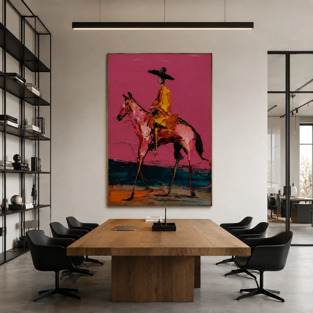 Western Cowboy on Horse Hand-Painted Oil Painting | Magenta Textured Equestrian Wall Art for Modern Home Decor # OA 1116