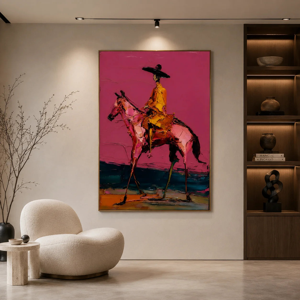 Western Cowboy on Horse Hand-Painted Oil Painting | Magenta Textured Equestrian Wall Art for Modern Home Decor # OA 1116