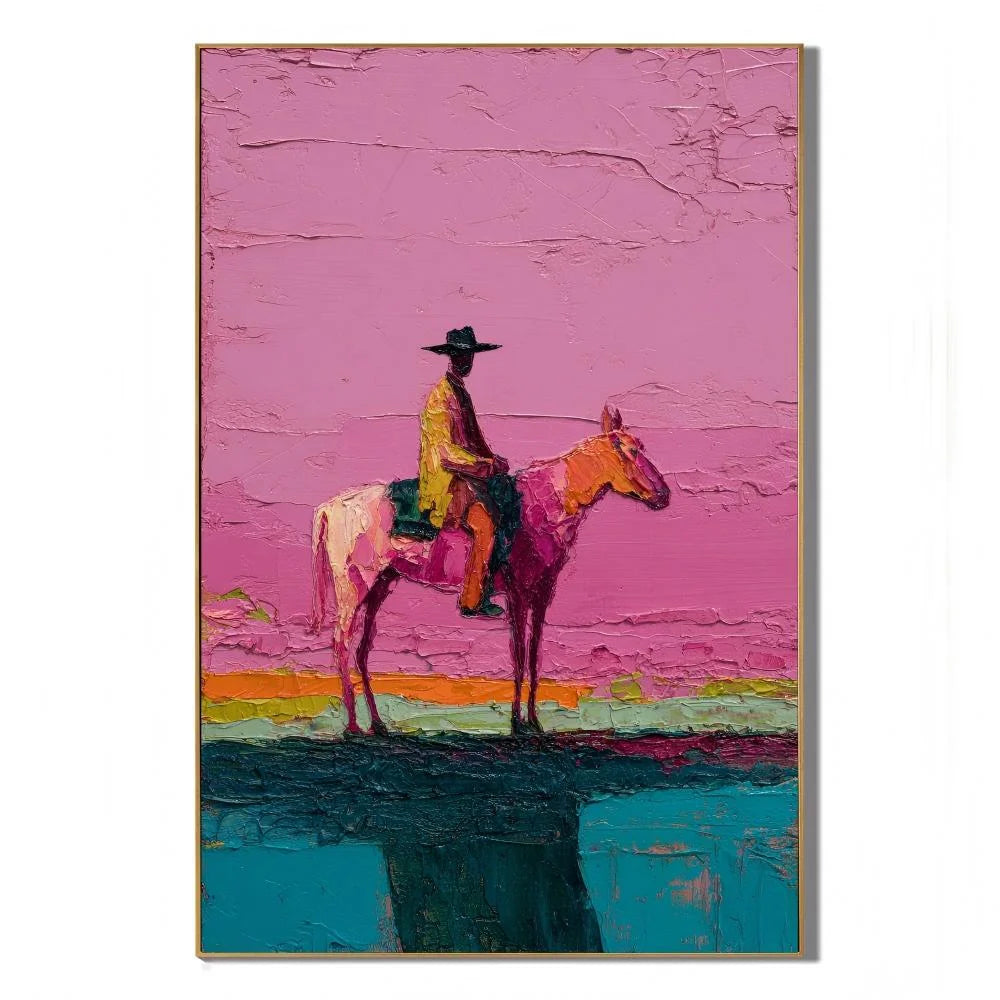 Western Cowboy on Horse Hand-Painted Oil Painting | Pink Textured Equestrian Wall Art for Modern Living Room and Entryway