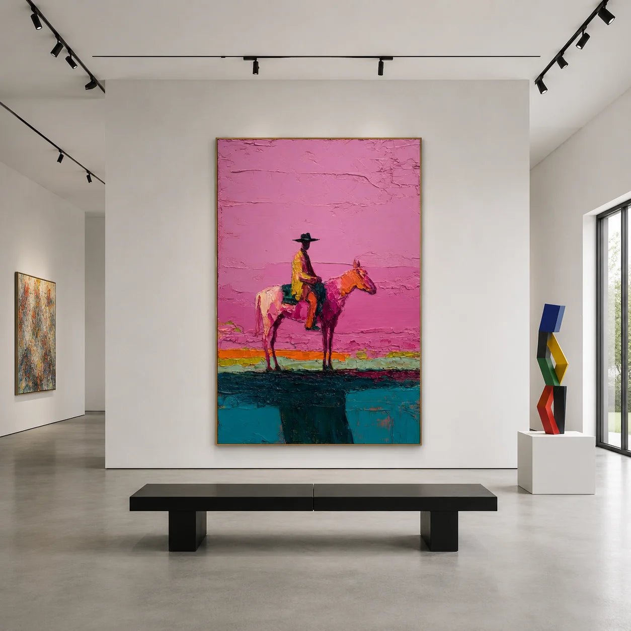 Western Cowboy on Horse Hand-Painted Oil Painting | Pink Textured Equestrian Wall Art for Modern Living Room and Entryway