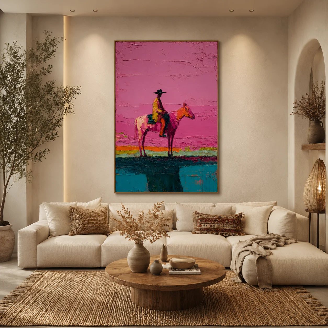 Western Cowboy on Horse Hand-Painted Oil Painting | Pink Textured Equestrian Wall Art for Modern Living Room and Entryway