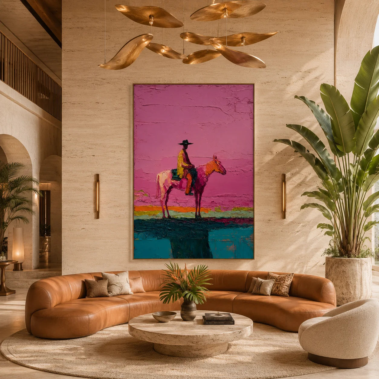 Western Cowboy on Horse Hand-Painted Oil Painting | Pink Textured Equestrian Wall Art for Modern Living Room and Entryway