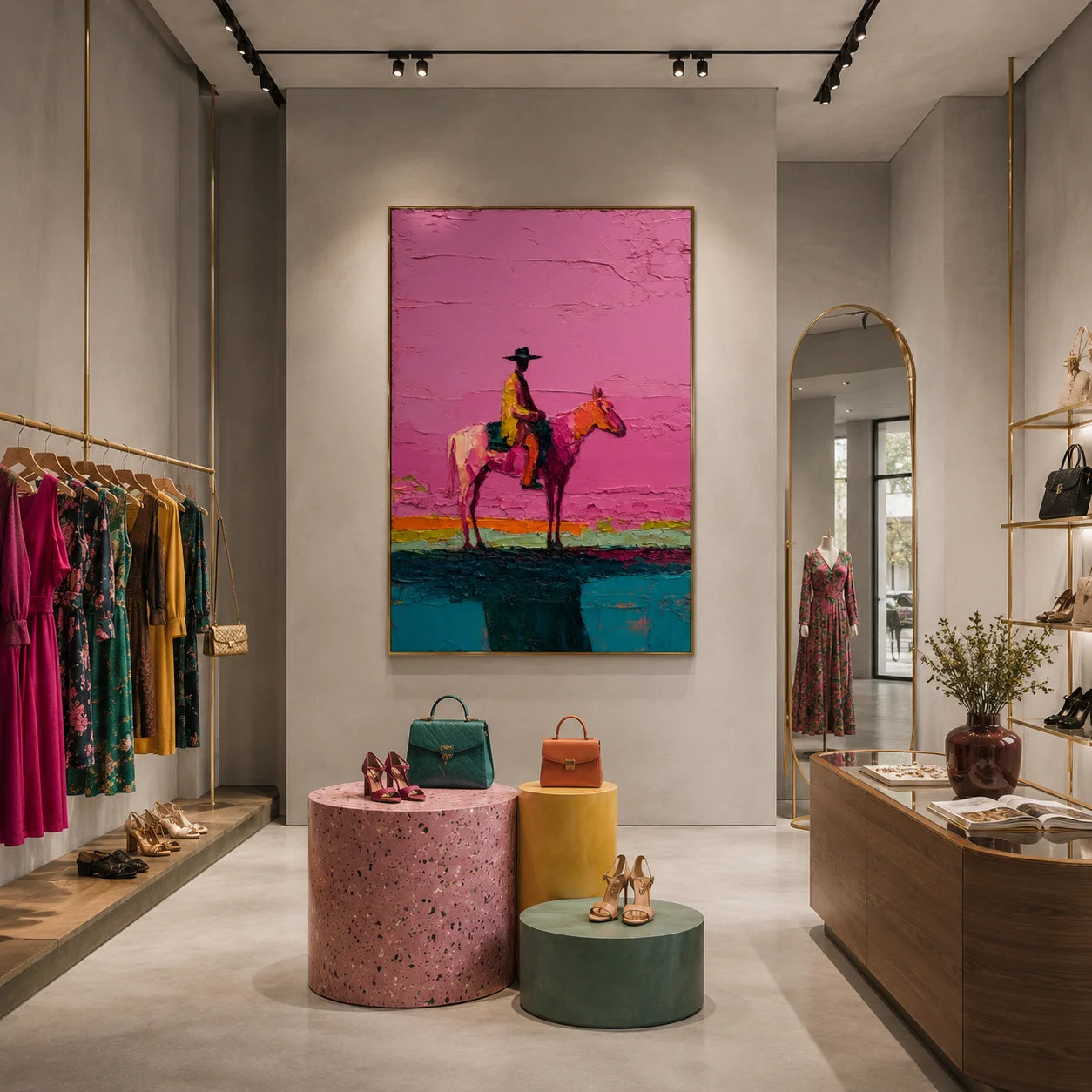 Western Cowboy on Horse Hand-Painted Oil Painting | Pink Textured Equestrian Wall Art for Modern Living Room and Entryway