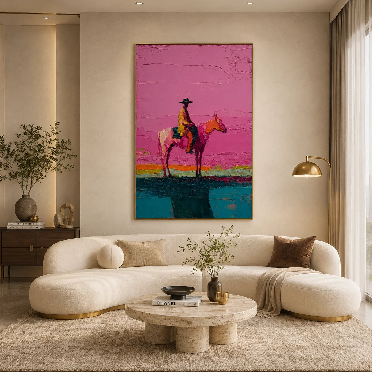 Western Cowboy on Horse Hand-Painted Oil Painting | Pink Textured Equestrian Wall Art for Modern Living Room and Entryway