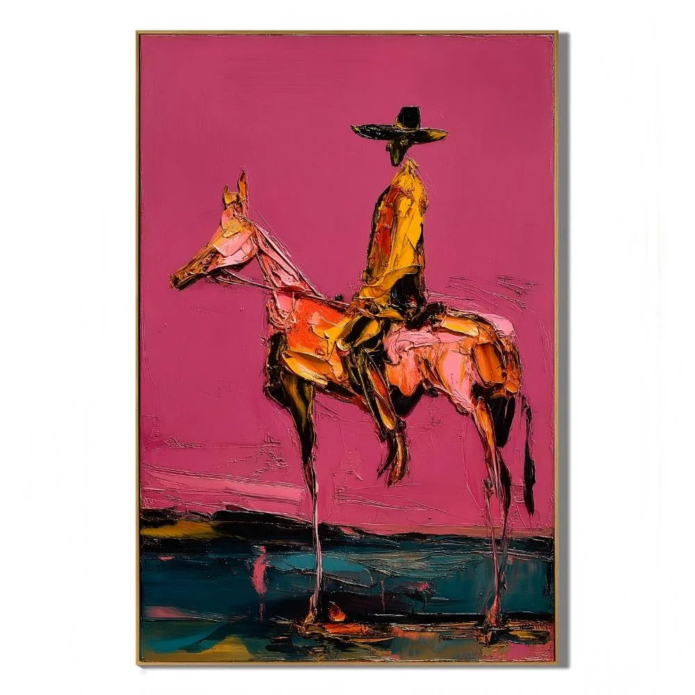 Western Cowboy on Horse Hand-Painted Oil Painting | Pink Textured Figurative Wall Art for Modern Home Decor # OA 1115