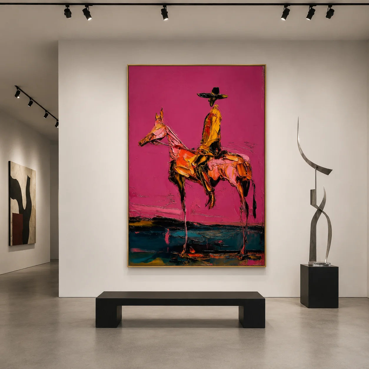 Western Cowboy on Horse Hand-Painted Oil Painting | Pink Textured Figurative Wall Art for Modern Home Decor # OA 1115