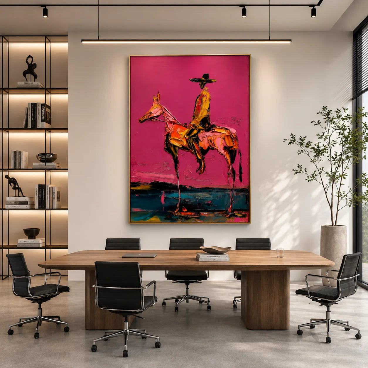 Western Cowboy on Horse Hand-Painted Oil Painting | Pink Textured Figurative Wall Art for Modern Home Decor # OA 1115