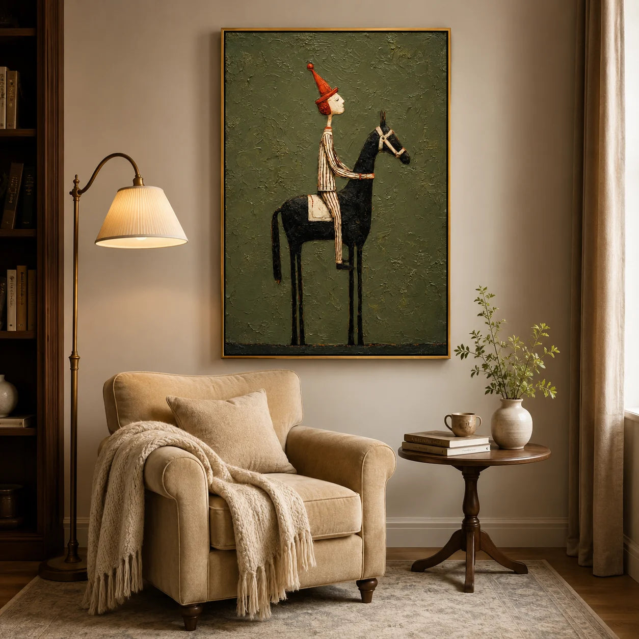 Whimsical Equestrian Hand-Painted Oil Painting, Textured Horse Rider Wall Art for Modern Eclectic Decor#OA 0987