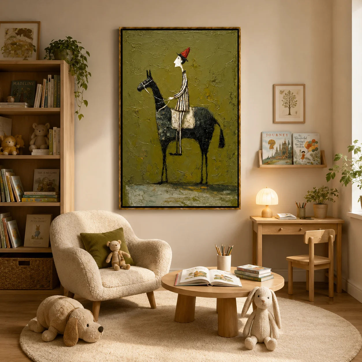 Whimsical Horse Rider Hand-Painted Oil Painting, Textured Green Wall Art for Eclectic Home Decor#OA 0986