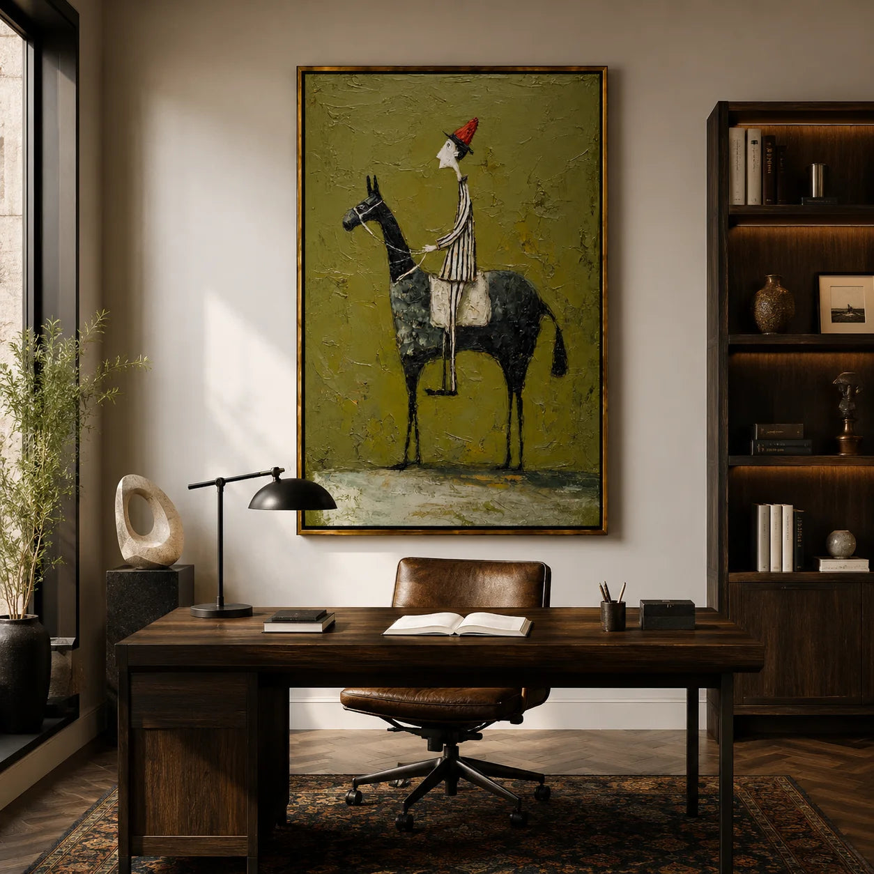Whimsical Horse Rider Hand-Painted Oil Painting, Textured Green Wall Art for Eclectic Home Decor#OA 0986