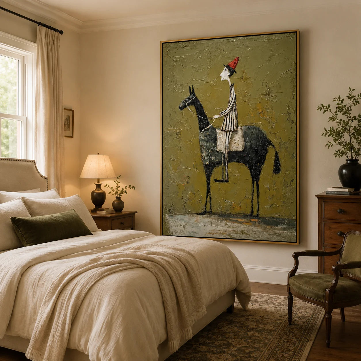 Whimsical Horse Rider Hand-Painted Oil Painting, Textured Green Wall Art for Eclectic Home Decor#OA 0986
