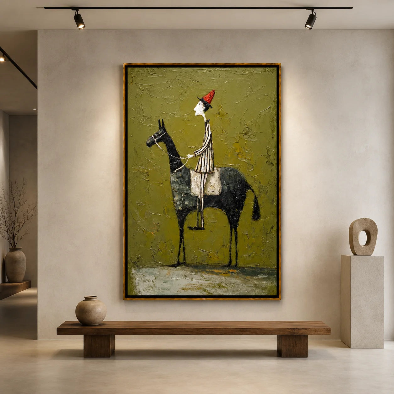 Whimsical Horse Rider Hand-Painted Oil Painting, Textured Green Wall Art for Eclectic Home Decor#OA 0986