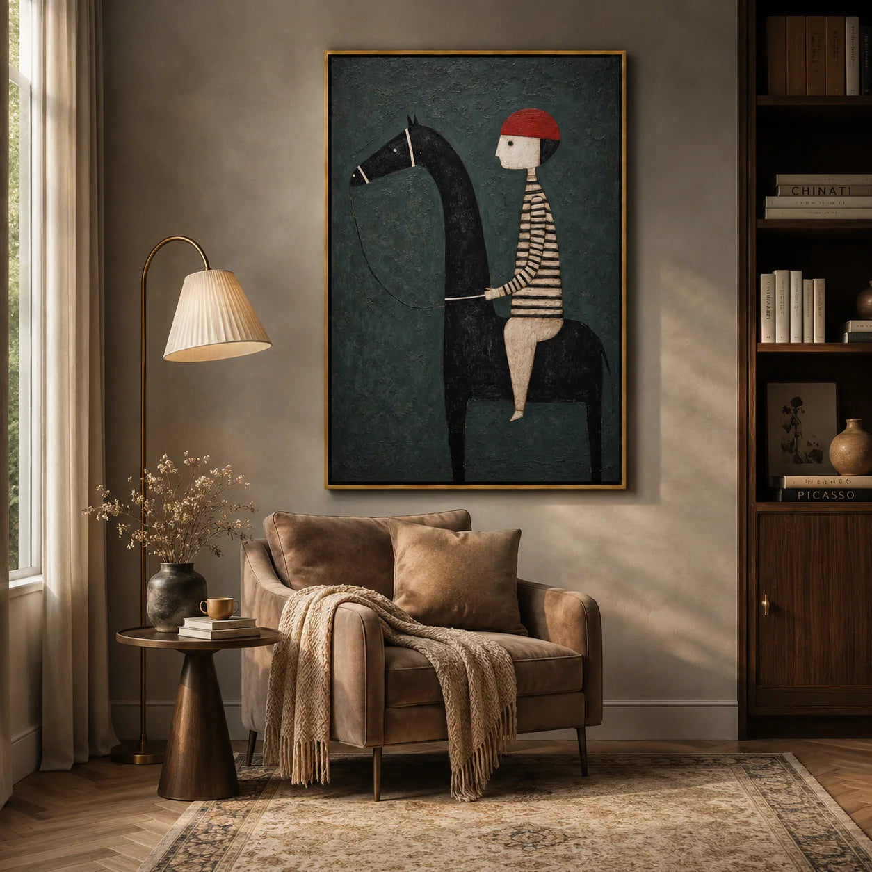 Whimsical Horse Rider Hand-Painted Oil Painting, Textured Modern Folk Art Wall Decor for Kids Room and Home#OA 0961