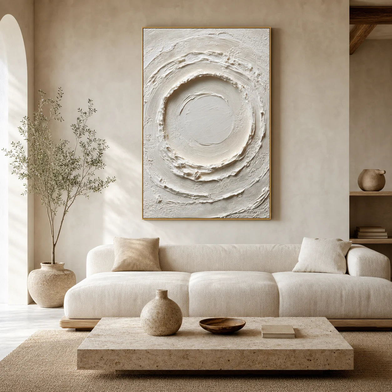 White Circular Textured Wall Art | Wabi-Sabi Impasto Canvas Artwork for Living Room, Bedroom & Office # 1093