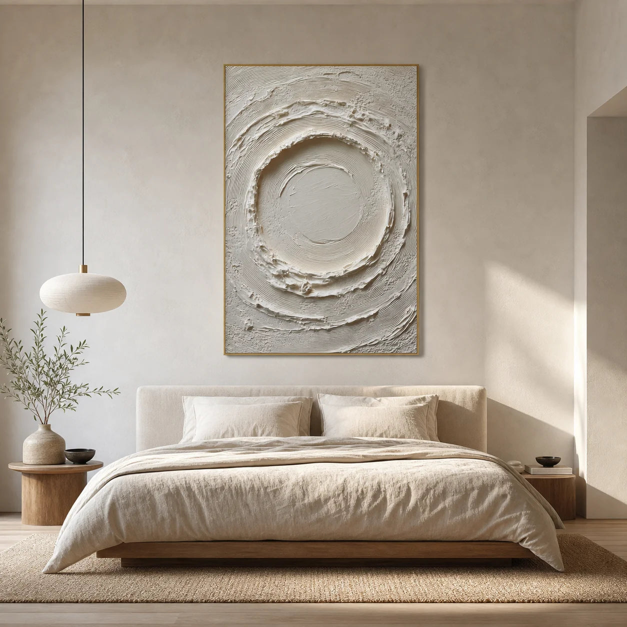 White Circular Textured Wall Art | Wabi-Sabi Impasto Canvas Artwork for Living Room, Bedroom & Office # 1093