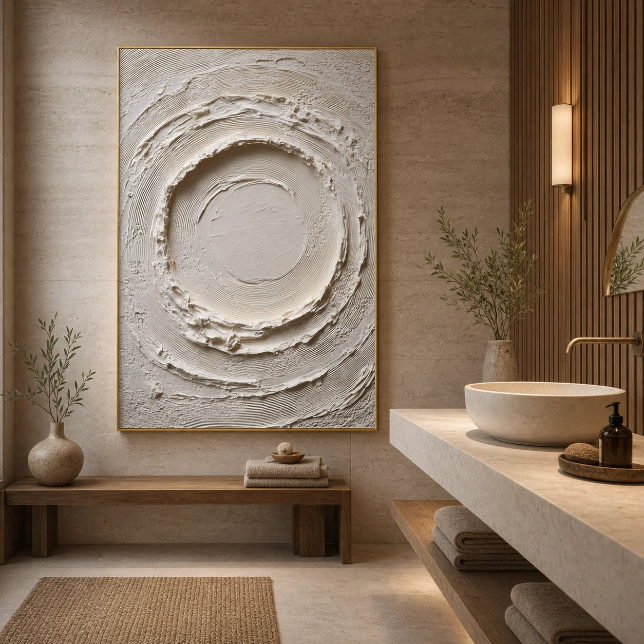 White Circular Textured Wall Art | Wabi-Sabi Impasto Canvas Artwork for Living Room, Bedroom & Office # 1093