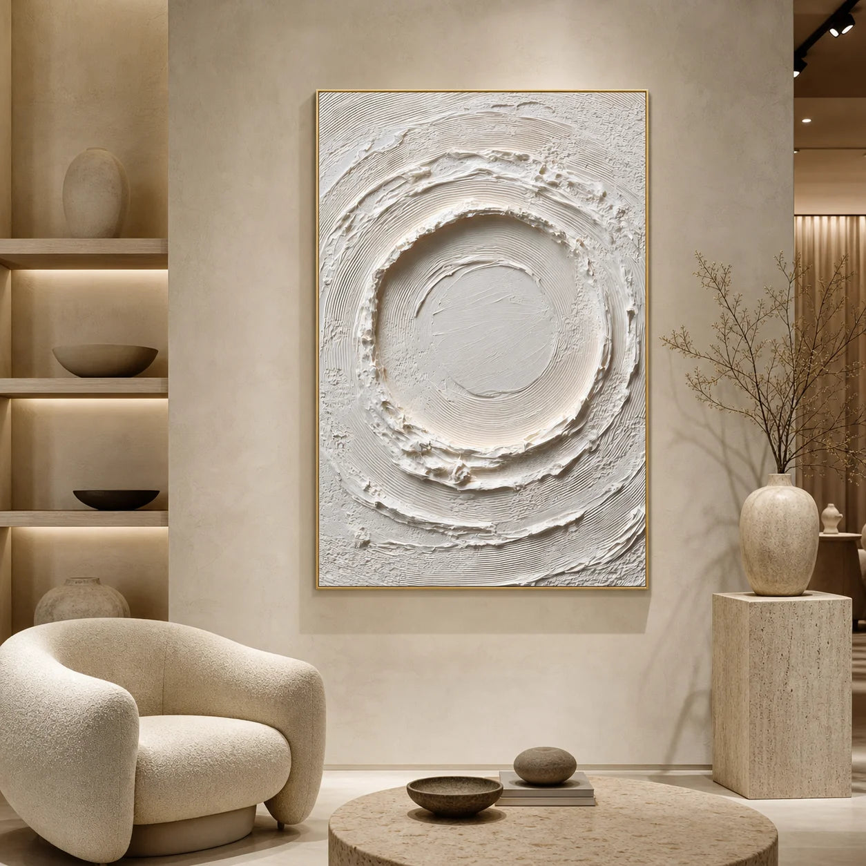 White Circular Textured Wall Art | Wabi-Sabi Impasto Canvas Artwork for Living Room, Bedroom & Office # 1093