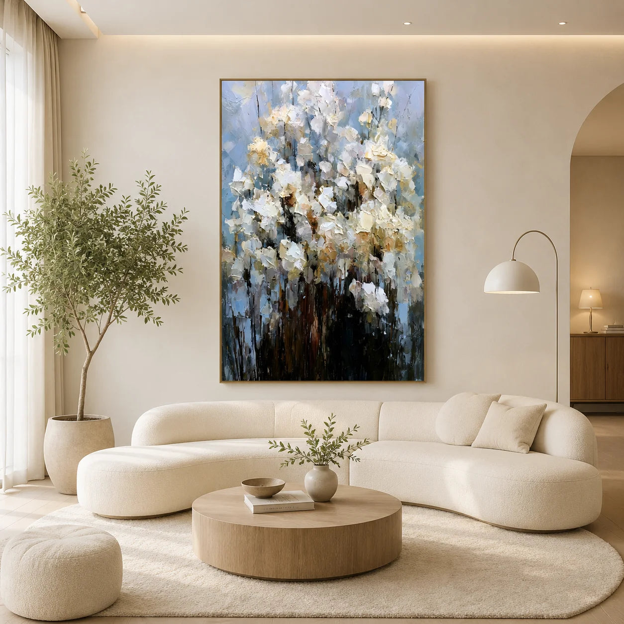 White Floral Hand-Painted Oil Painting on Blue Gray Background | Textured Palette Knife Abstract Garden Wall Art for Modern Interiors