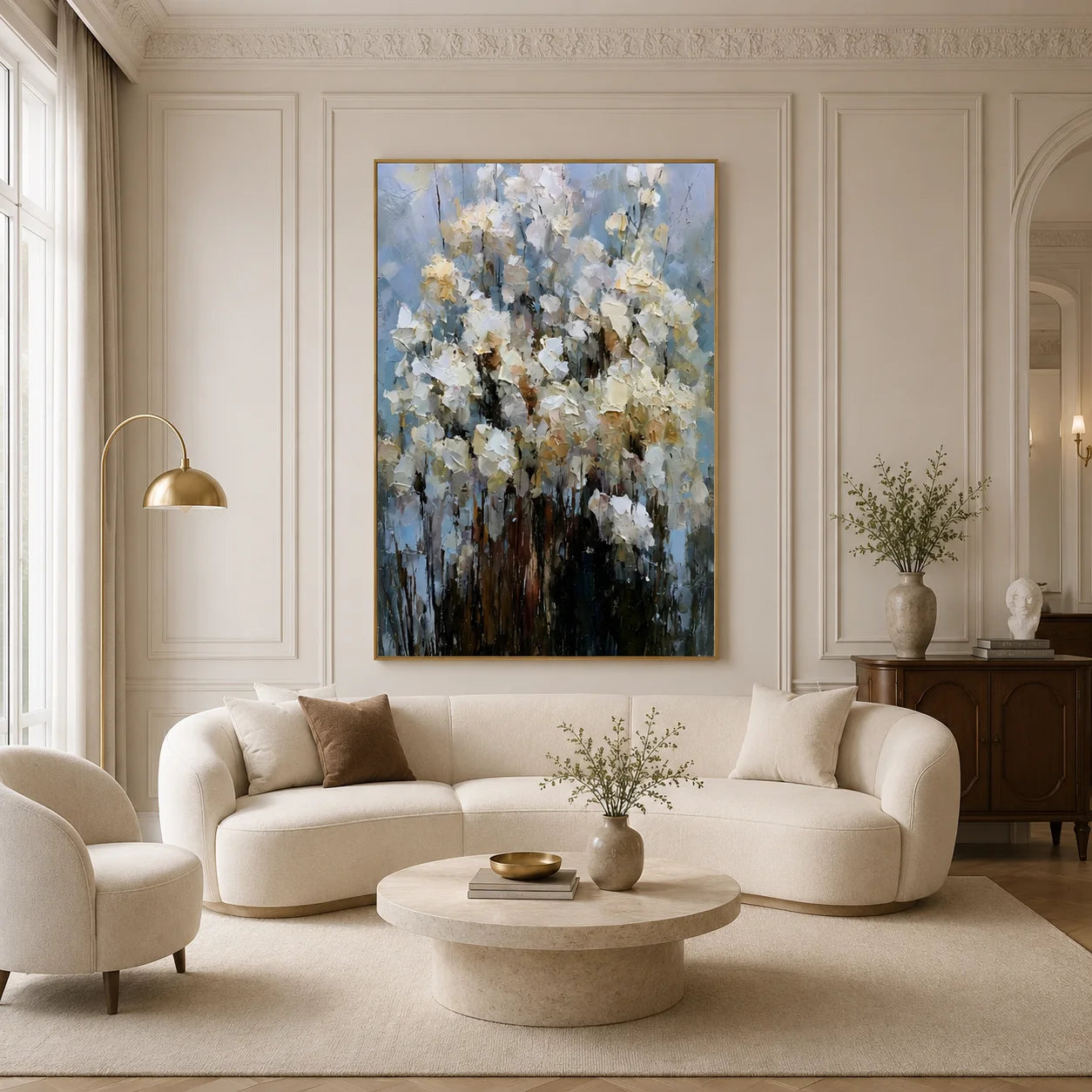 White Floral Hand-Painted Oil Painting on Blue Gray Background | Textured Palette Knife Abstract Garden Wall Art for Modern Interiors