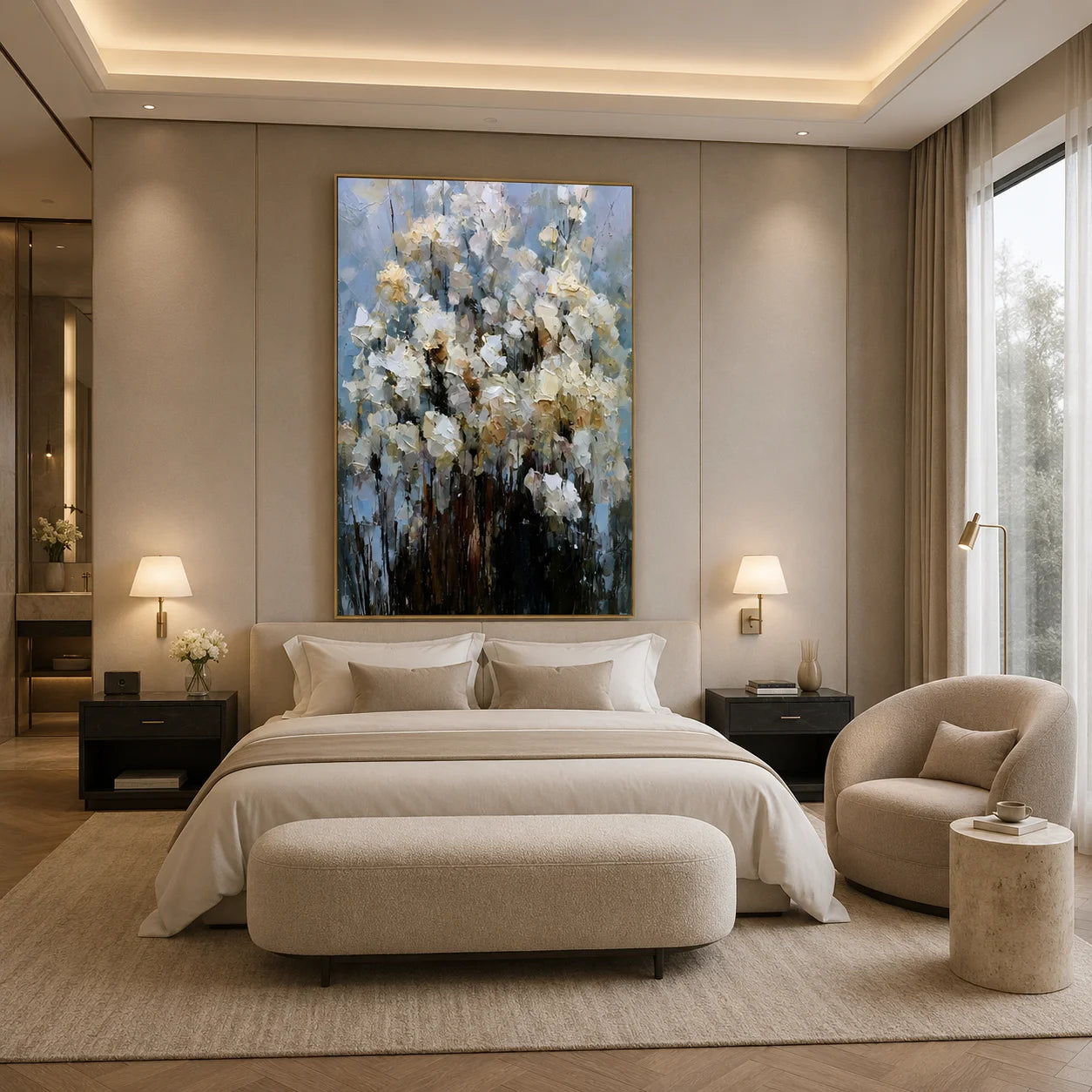 White Floral Hand-Painted Oil Painting on Blue Gray Background | Textured Palette Knife Abstract Garden Wall Art for Modern Interiors