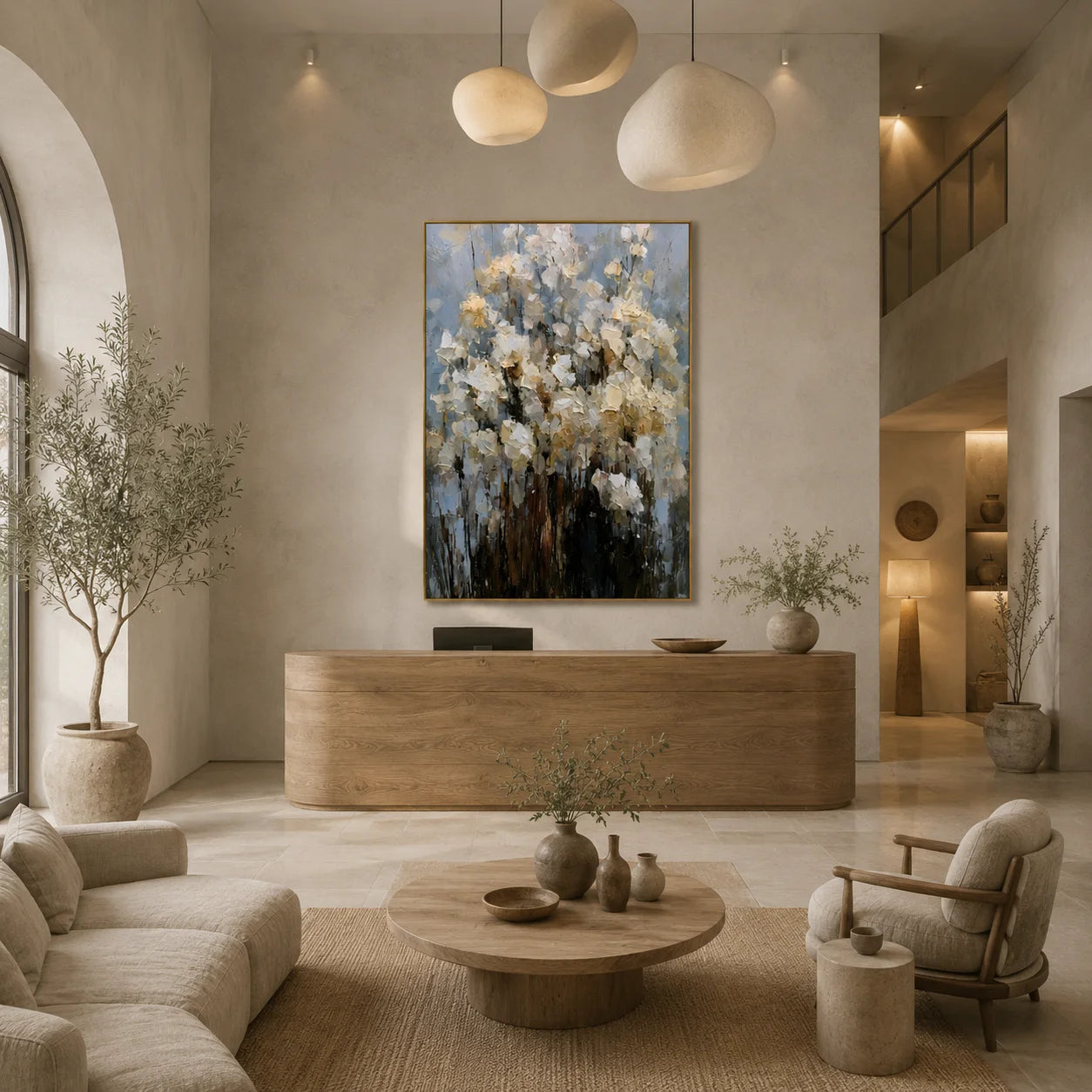 White Floral Hand-Painted Oil Painting on Blue Gray Background | Textured Palette Knife Abstract Garden Wall Art for Modern Interiors