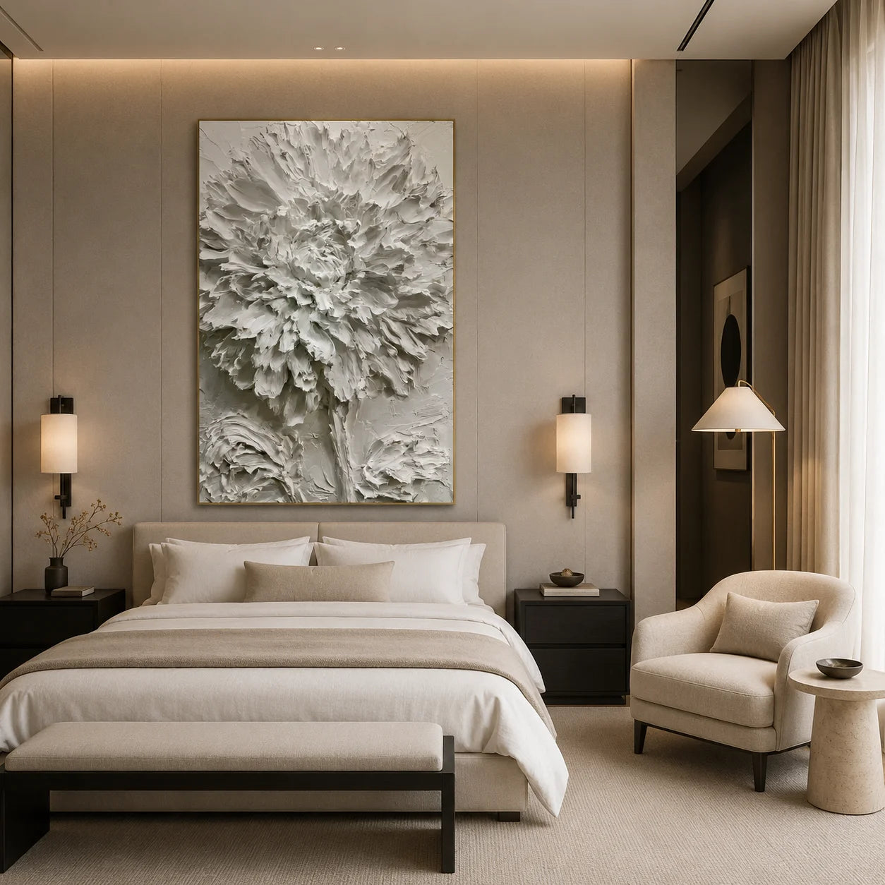 White Peony Textured Hand-Painted Oil Painting | Dimensional Palette Knife Floral Wall Art for Modern Living Room, Bedroom and Entryway