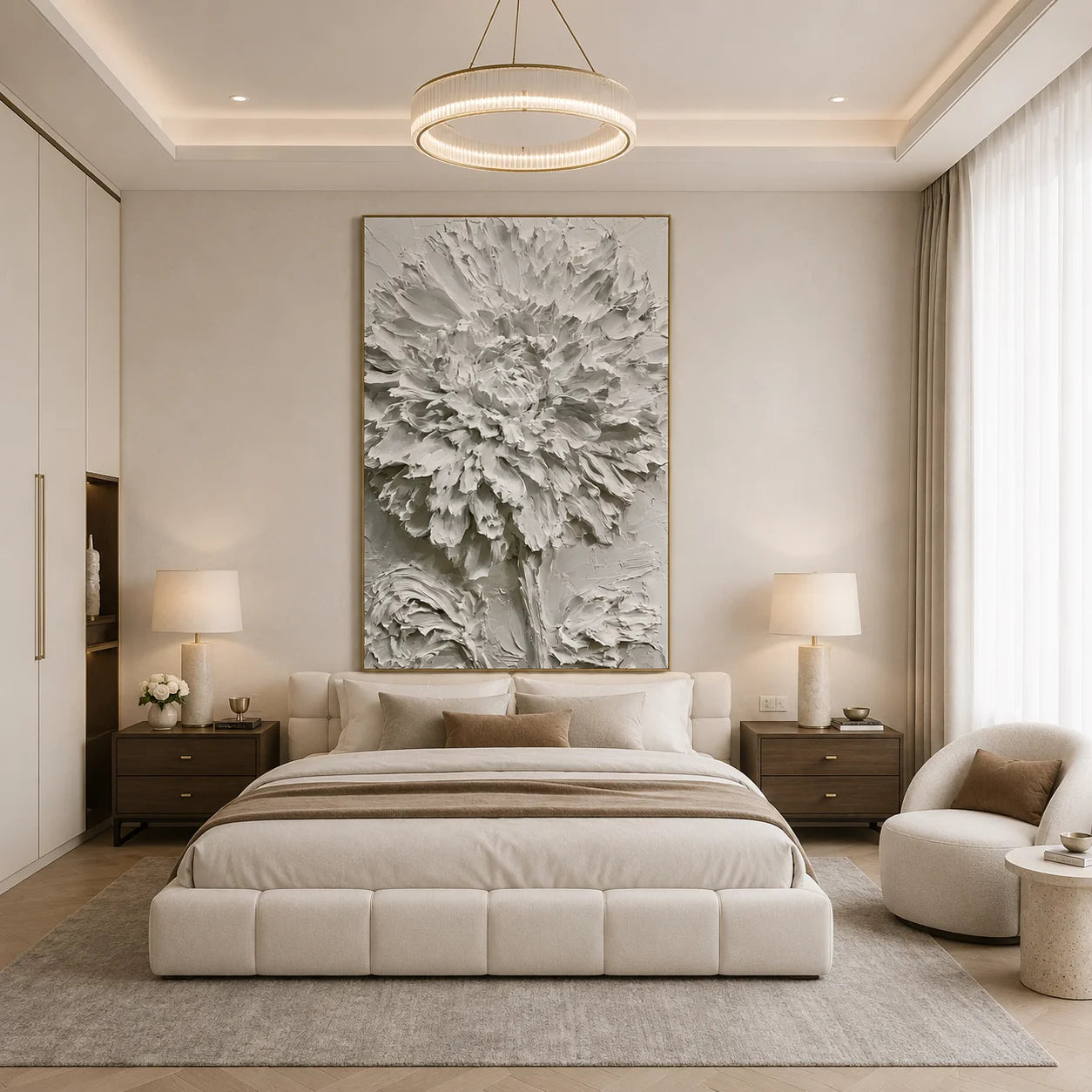 White Peony Textured Hand-Painted Oil Painting | Dimensional Palette Knife Floral Wall Art for Modern Living Room, Bedroom and Entryway