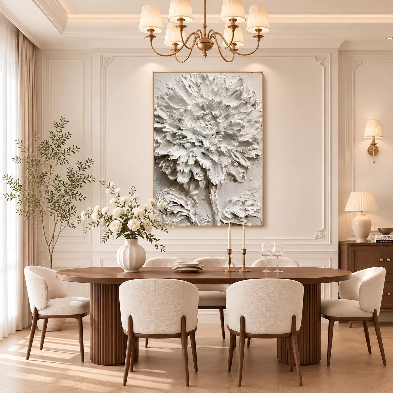 White Peony Textured Hand-Painted Oil Painting | Dimensional Palette Knife Floral Wall Art for Modern Living Room, Bedroom and Entryway