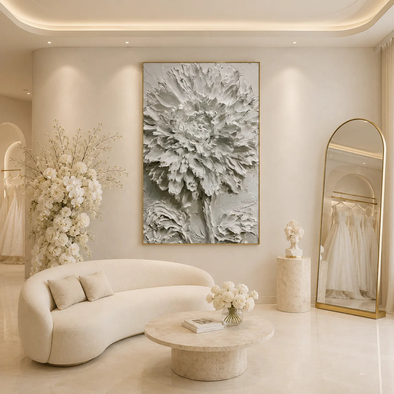 White Peony Textured Hand-Painted Oil Painting | Dimensional Palette Knife Floral Wall Art for Modern Living Room, Bedroom and Entryway
