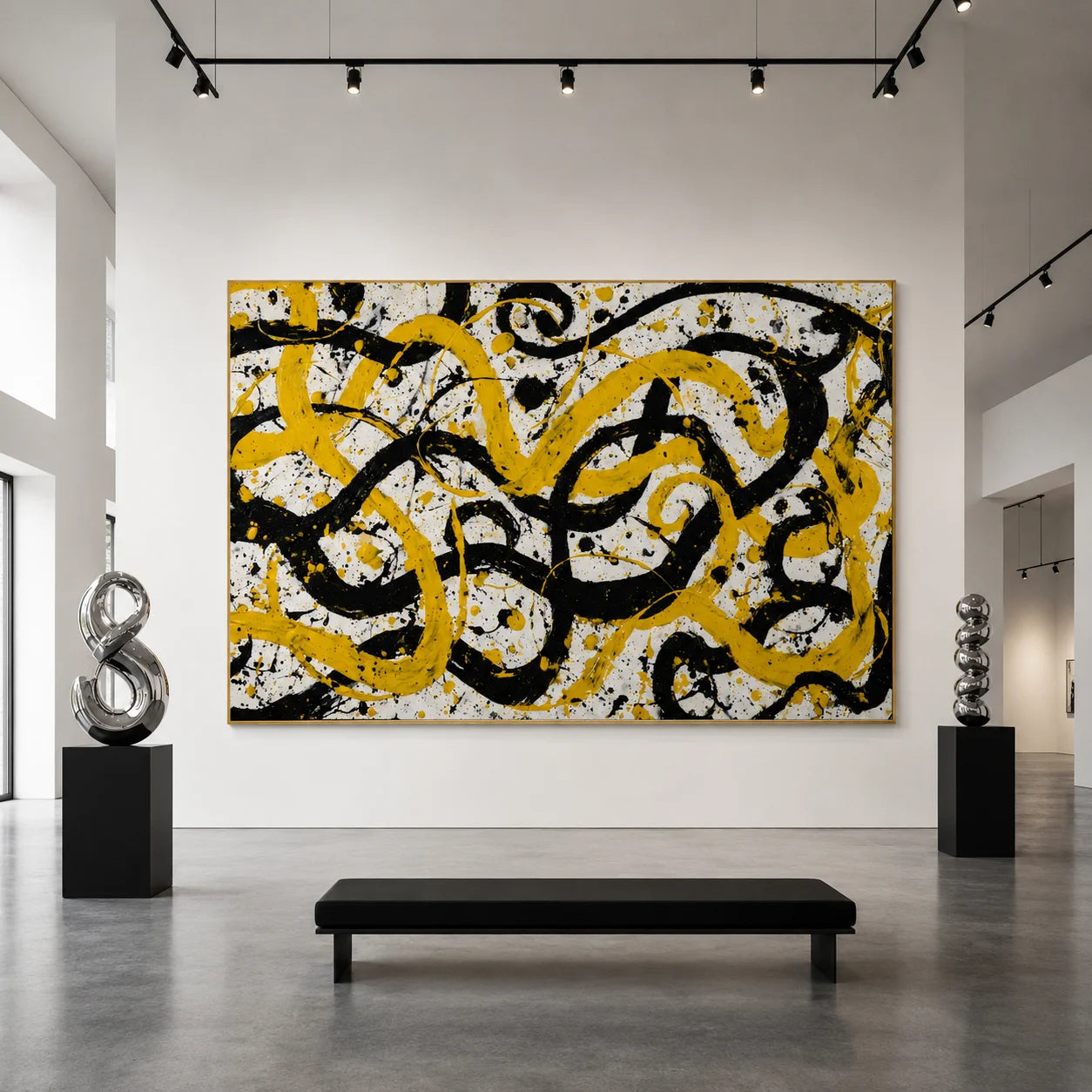 Yellow Black Abstract Hand-Painted Oil Painting, Bold Modern Graffiti Wall Art for Contemporary Decor # OA 1053