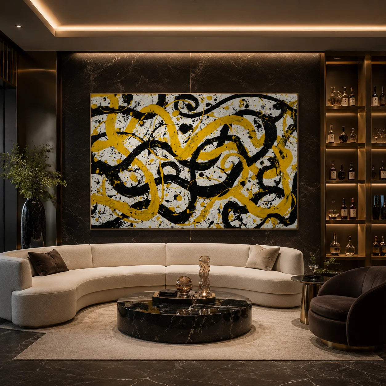 Yellow Black Abstract Hand-Painted Oil Painting, Bold Modern Graffiti Wall Art for Contemporary Decor # OA 1053