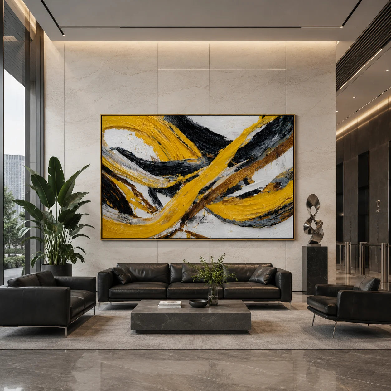 Yellow Black Abstract Hand-Painted Oil Painting | Modern Horizontal Textured Wall Art # OA 1034